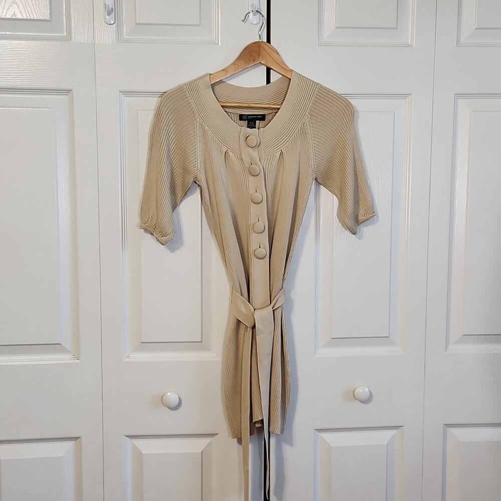 INC Womens Long Line Silk Blend Button Tie Front‎ Short Sleeve Tan Cardigan SM